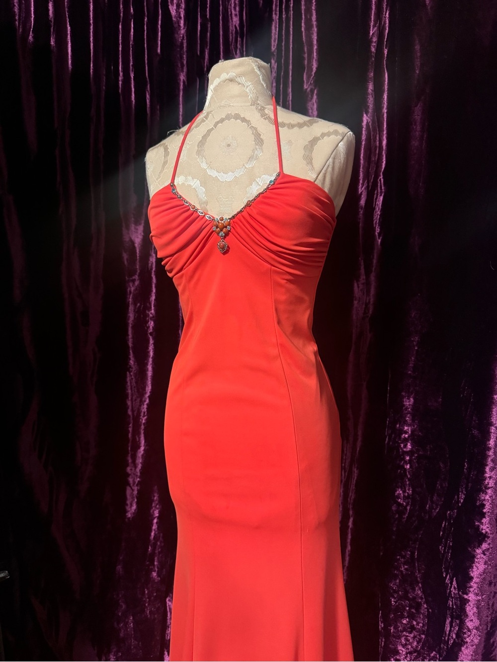 Orange Halter Evening Gown with Jewel Detail - Picture 1 of 9